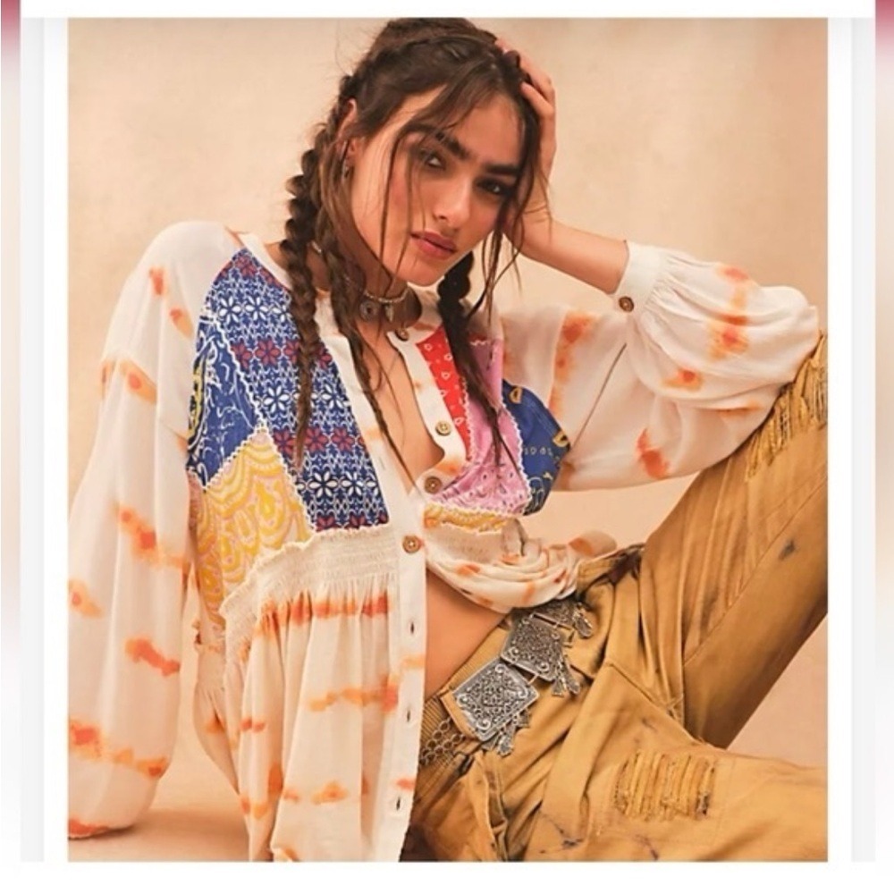 Free People Cream Patchwork Button-Front Blouse with Orange Tie-Dye